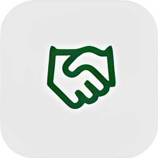 Green handshake icon on white background.