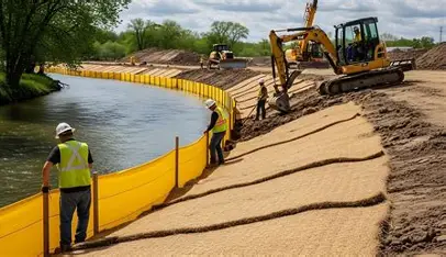 Workers installing erosion control by riverside.