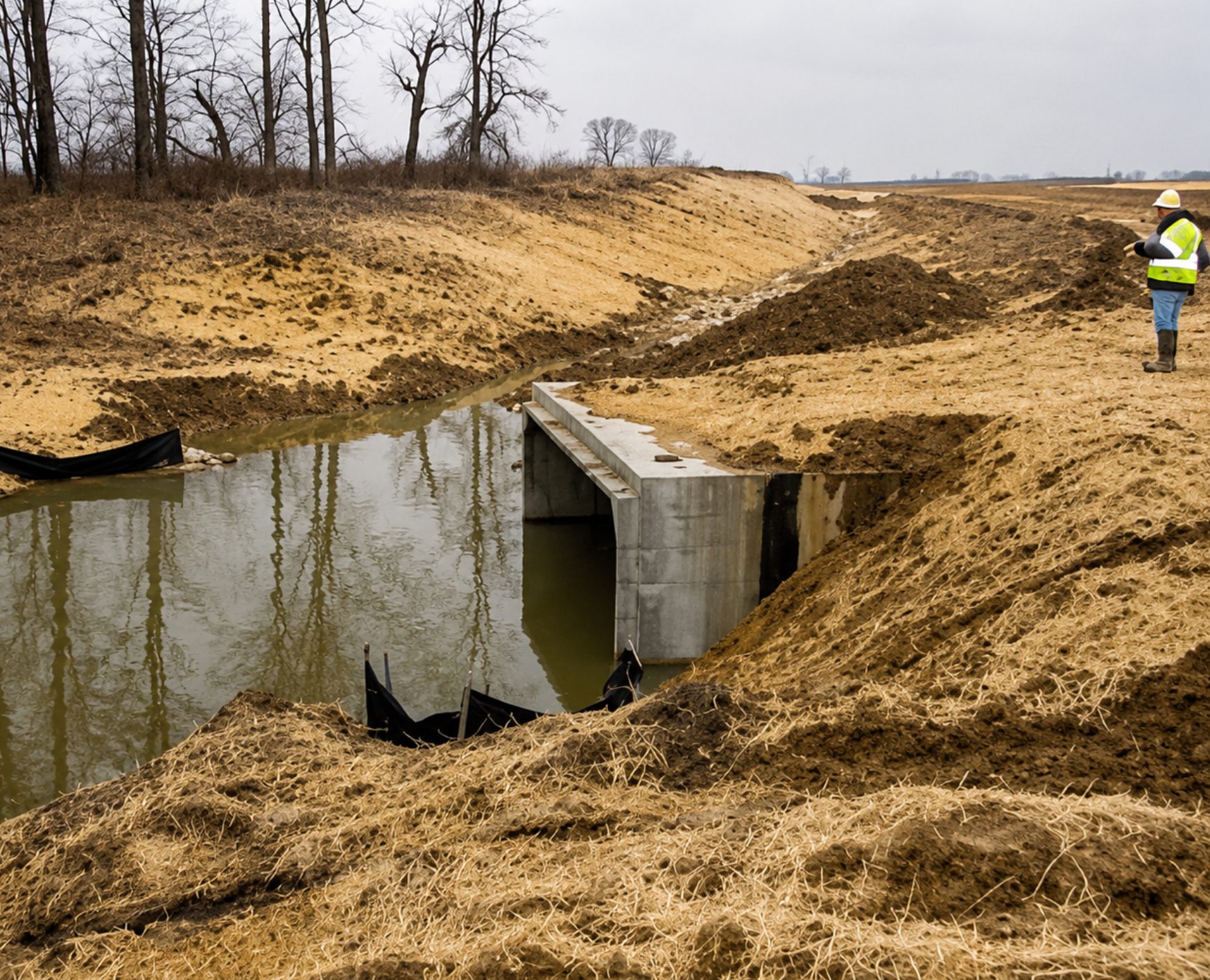 Construction worker inspecting drainage channel area.