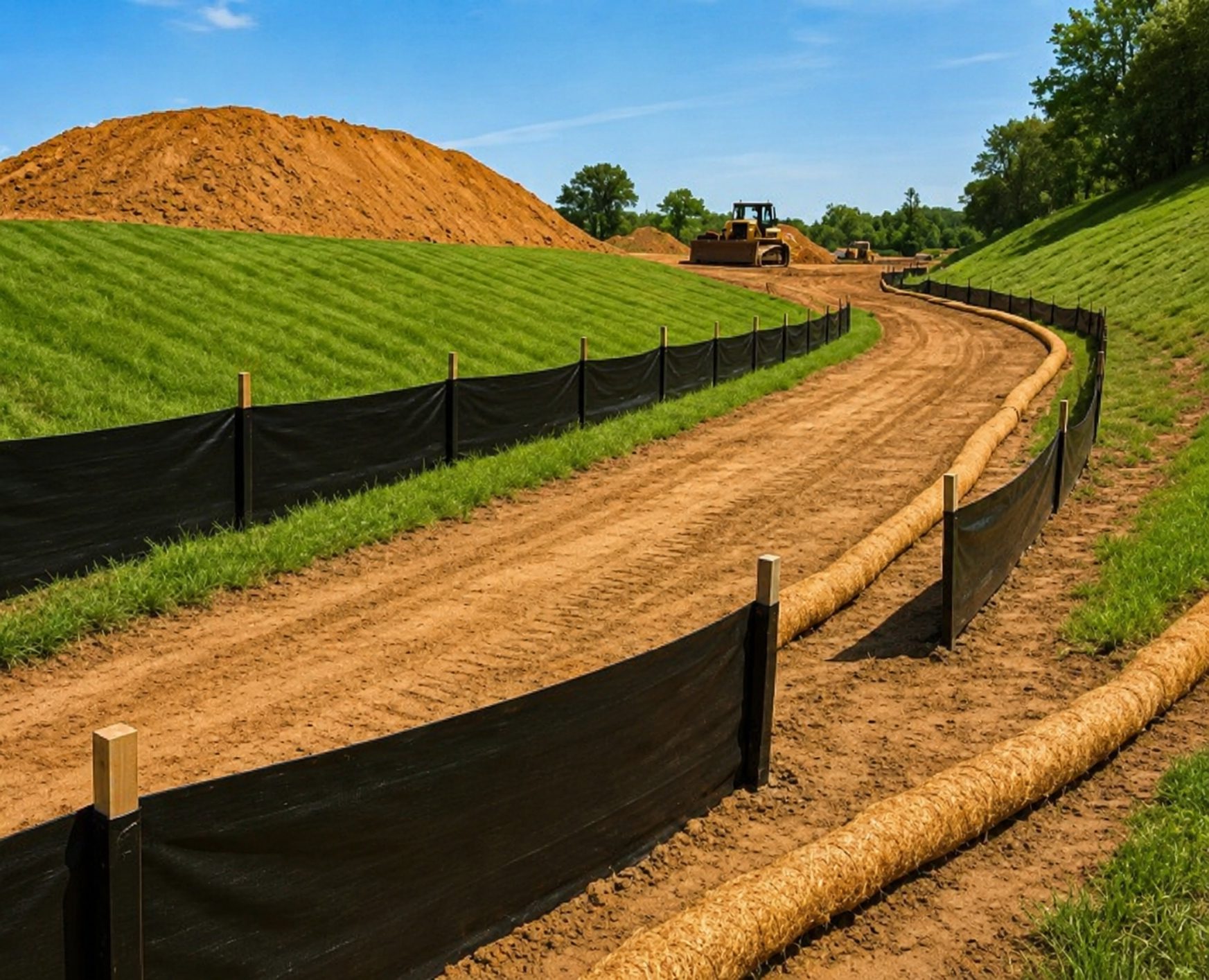 Construction site with dirt road and barriers.