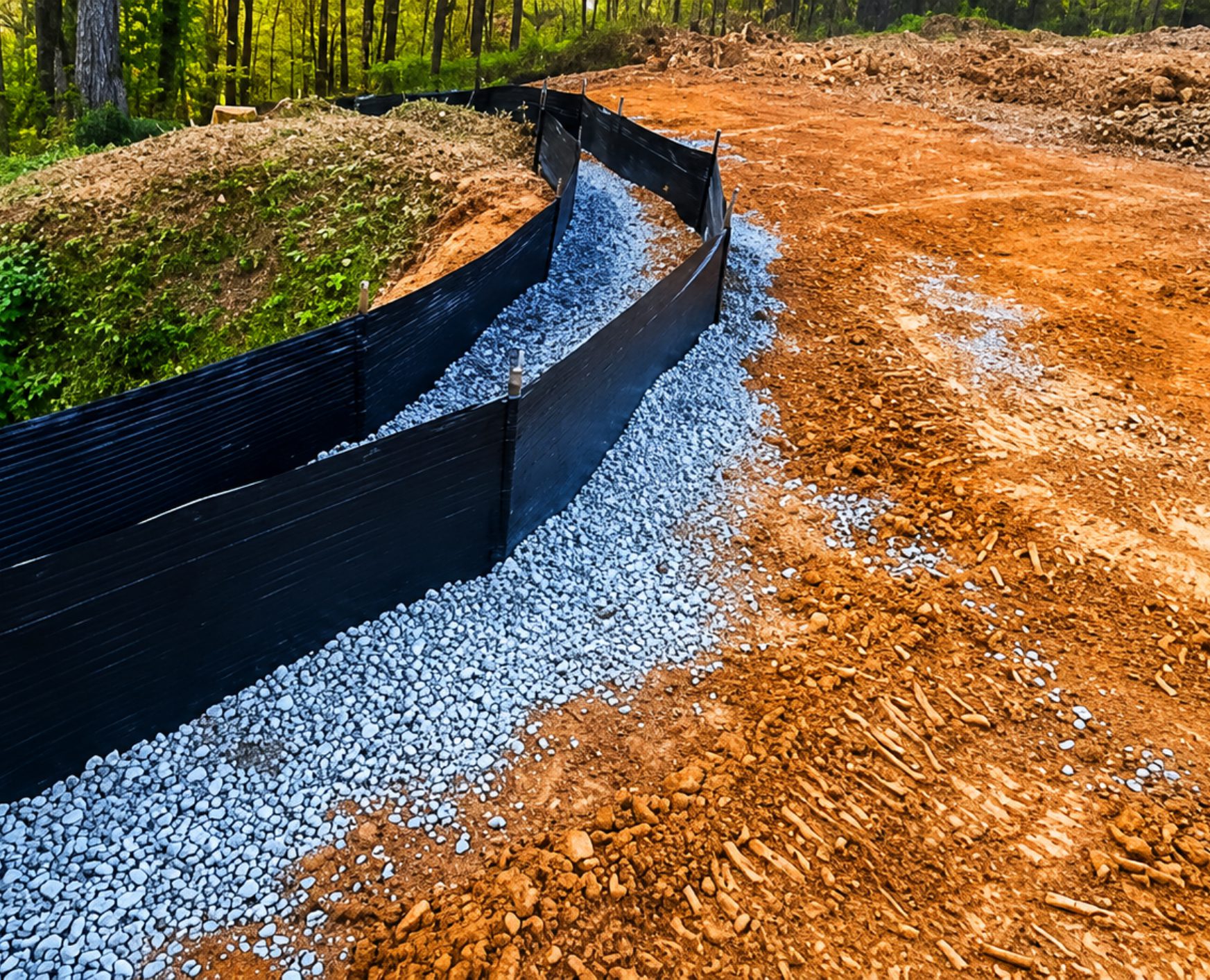 Construction site with silt fence and gravel.