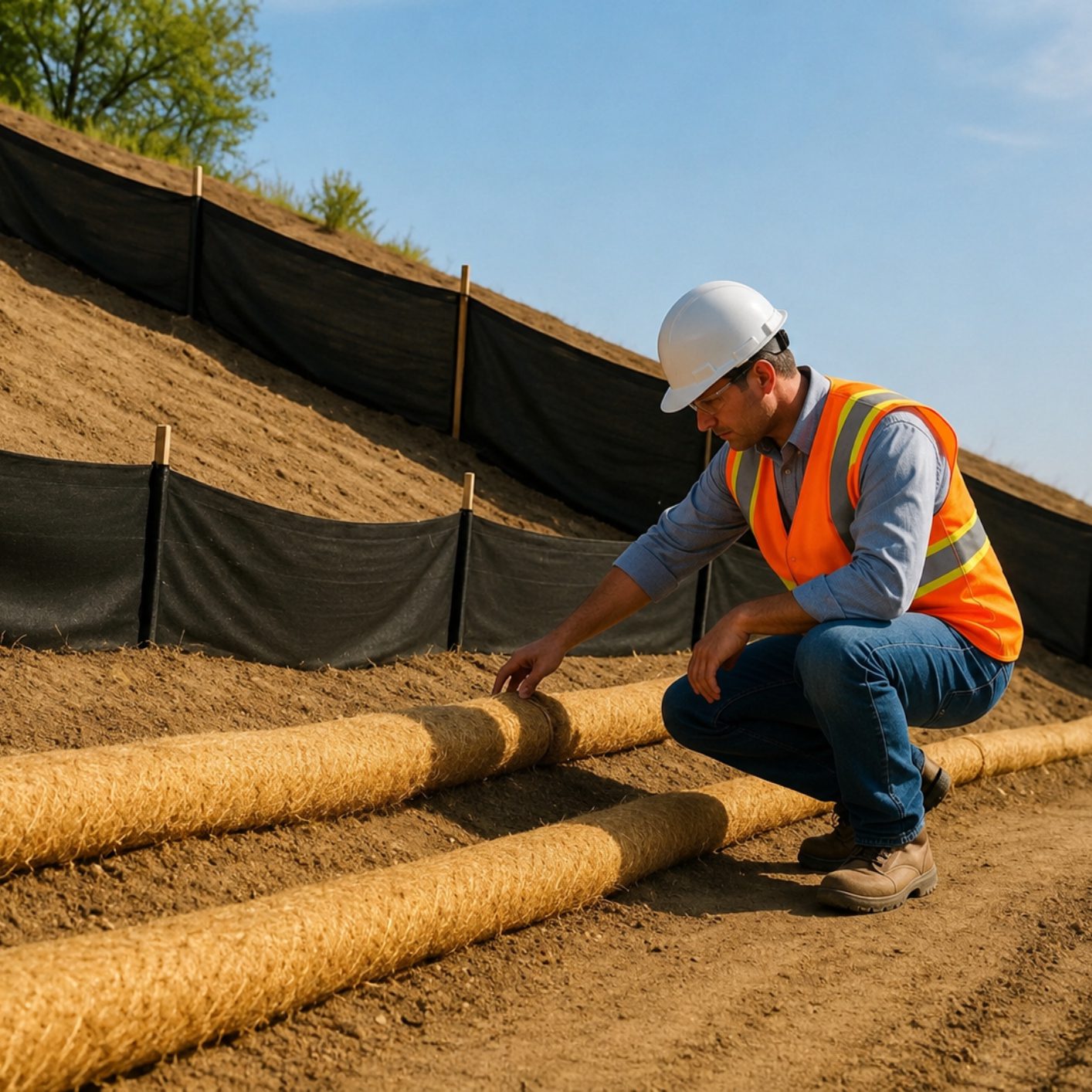 Worker inspecting erosion control measures on slope.