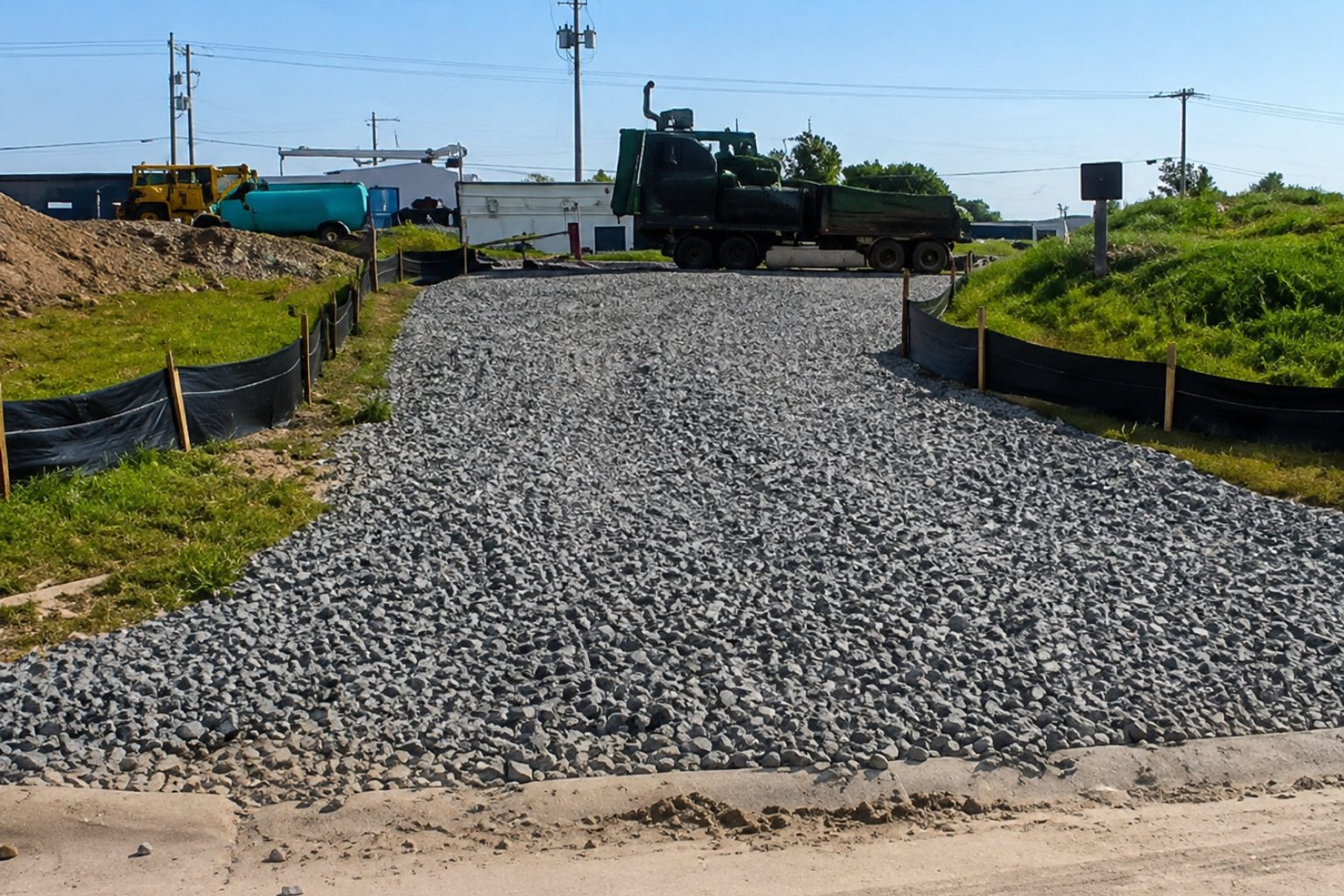 Gravel road under construction with machinery.