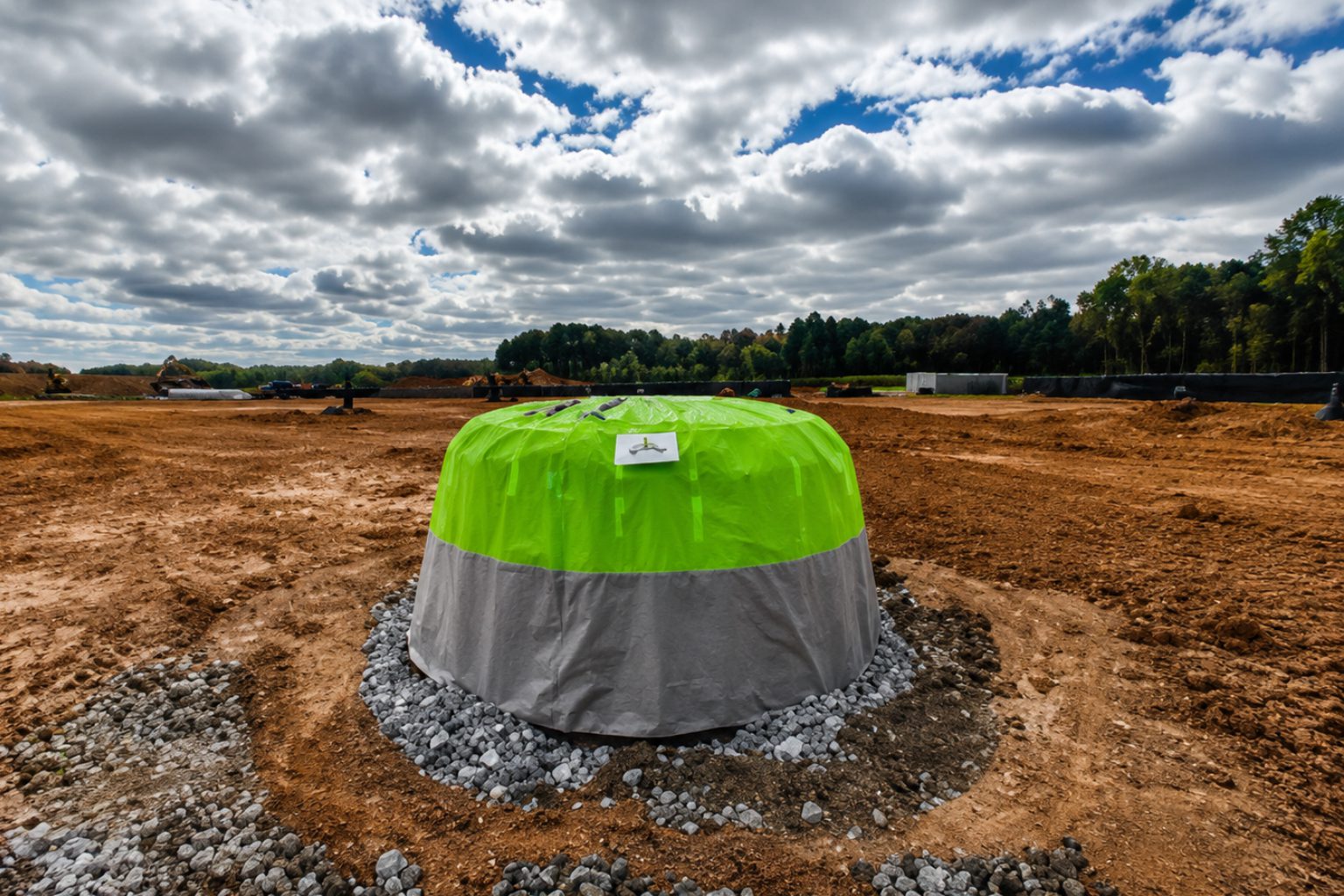 Covered structure on construction site under clouds.