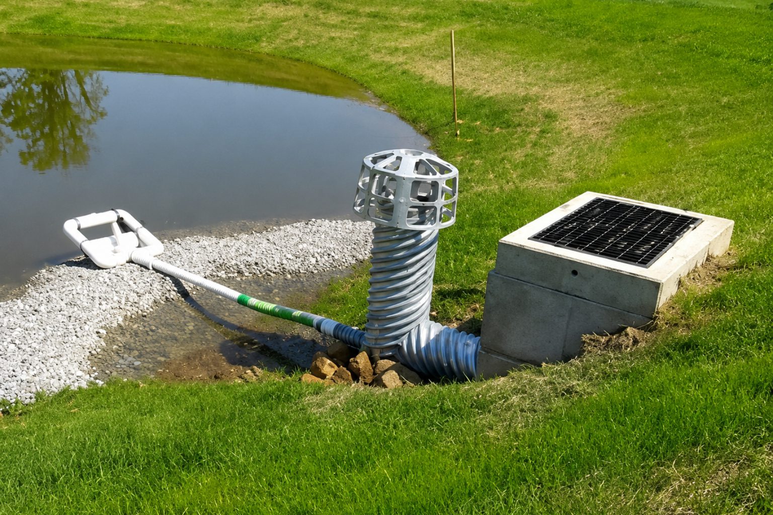 Pond drainage system with metal and concrete components.