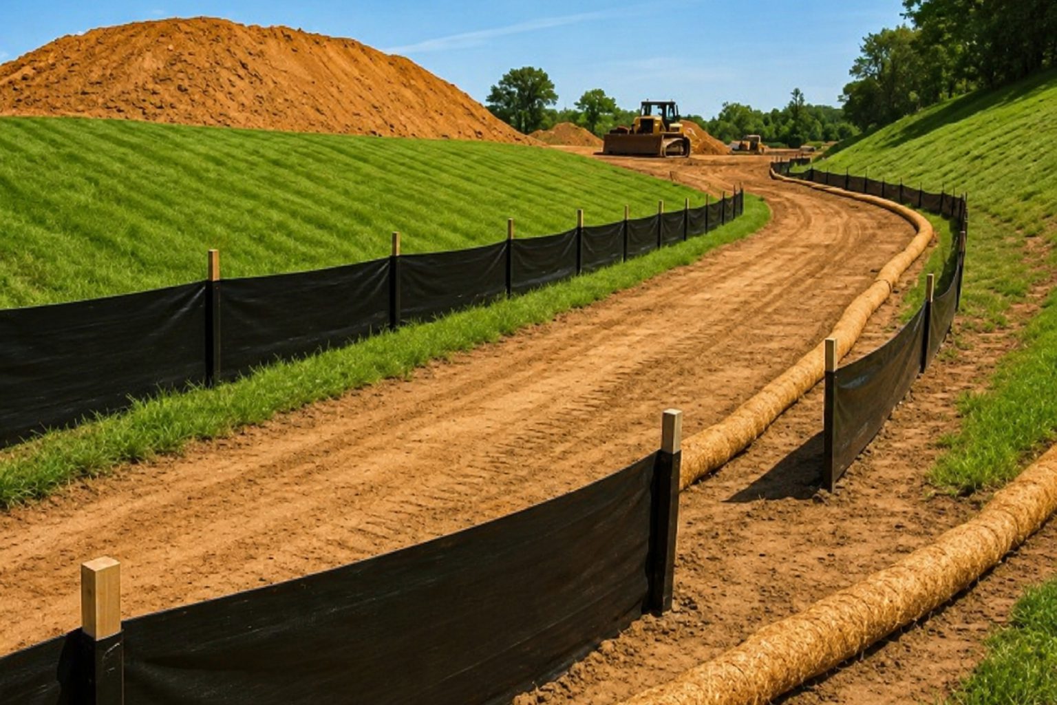 Dirt road with construction and erosion control.