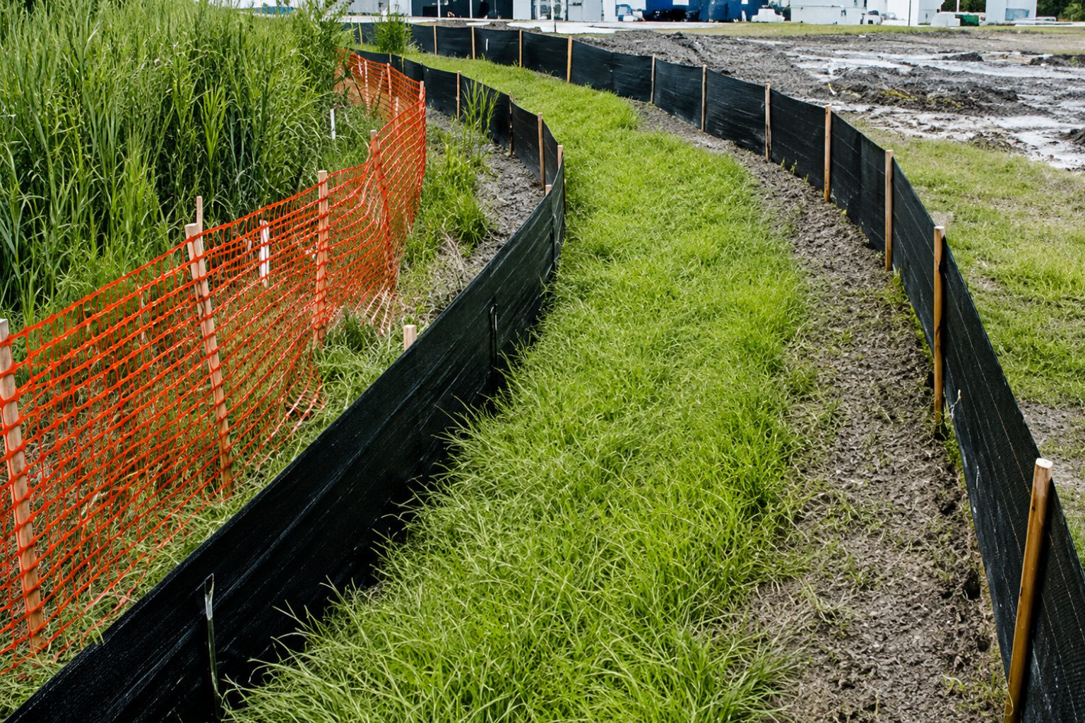 Grass path between orange and black barriers.