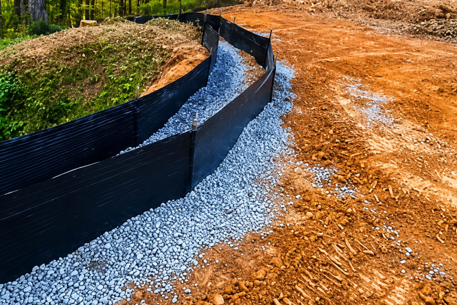 Construction site with gravel and erosion barrier.
